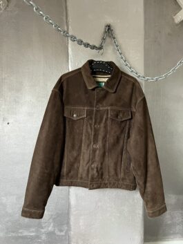 Vintage oversized real leather denim look jacket brown