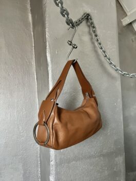 Vintage real leather handbag with silver hardware brown