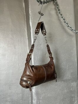 Vintage real leather shoulderbag with buckle straps brown