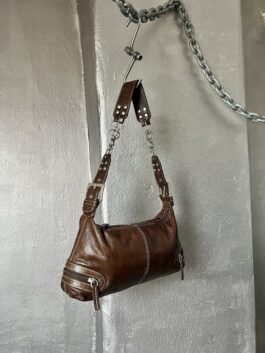 Vintage real leather shoulderbag with buckle straps brown