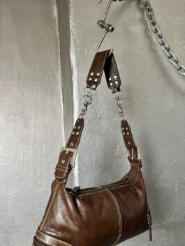 Vintage real leather shoulderbag with buckle straps brown