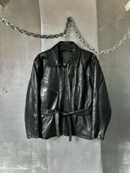 Vintage oversized real leather belted biker jacket black