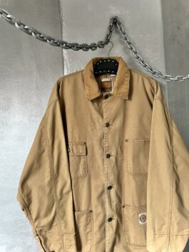 Vintage oversized workwear jacket with ribbed collar brown