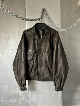 Vintage oversized real leather denim look jacket brown