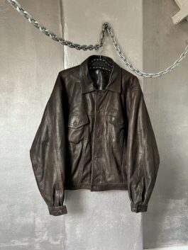 Vintage oversized real leather denim look jacket brown