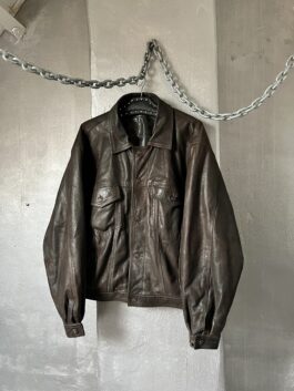 Vintage oversized real leather denim look jacket brown