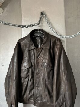 Vintage oversized real leather denim look jacket brown