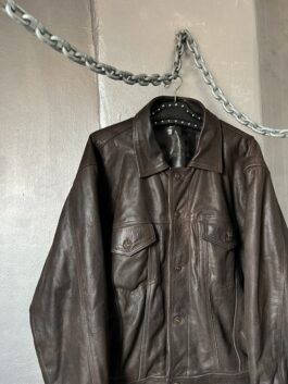 Vintage oversized real leather denim look jacket brown