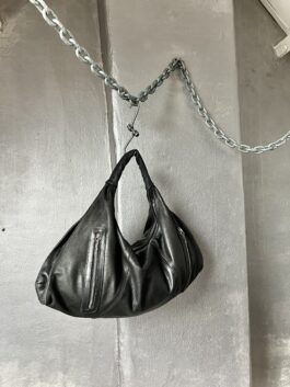 Vintage real leather handbag with silver hardware black