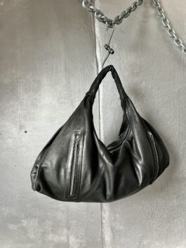 Vintage real leather handbag with silver hardware black