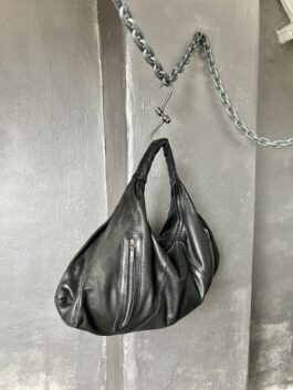 Vintage real leather handbag with silver hardware black