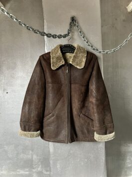 Vintage oversized real leather lammy shearling coat brown