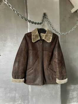 Vintage oversized real leather lammy shearling coat brown