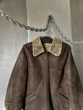 Vintage oversized real leather lammy shearling coat brown