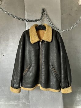 Vintage oversized real leather aviator shearling coat dark brown