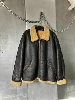 Vintage oversized real leather aviator shearling coat dark brown