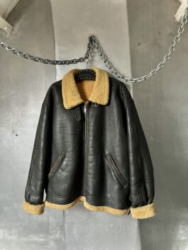 Vintage oversized real leather aviator shearling coat dark brown