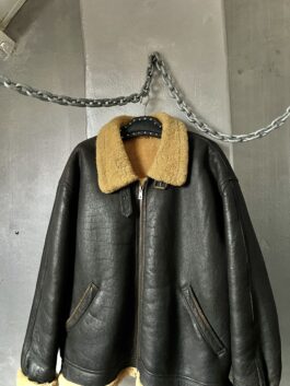 Vintage oversized real leather aviator shearling coat dark brown