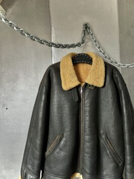 Vintage oversized real leather aviator shearling coat dark brown