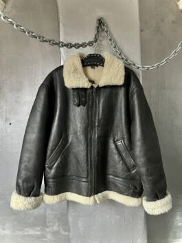 Vintage oversized real leather aviator shearling coat brown/black