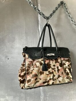 Vintage real leather handbag with cowhide and silver hardware  multi colour