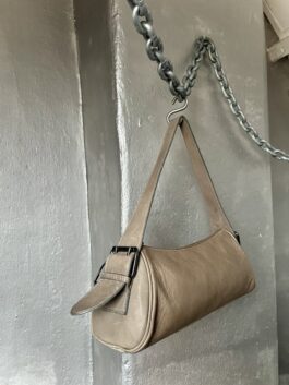 Vintage real leather shoulderbag with buckle straps beige