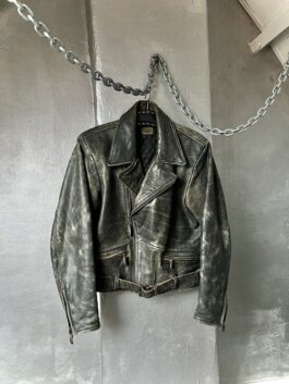 Vintage oversized real leather biker jacket washed grey