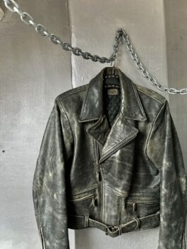 Vintage oversized real leather biker jacket washed grey