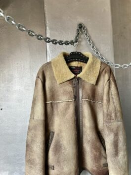 Vintage Bomb Boogie oversized real leather lammy shearling coat brown