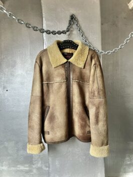 Vintage Bomb Boogie oversized real leather lammy shearling coat brown