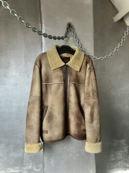 Vintage Bomb Boogie oversized real leather lammy shearling coat brown