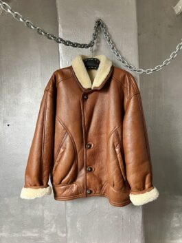 Vintage oversized real leather lammy shearling coat brown cognac