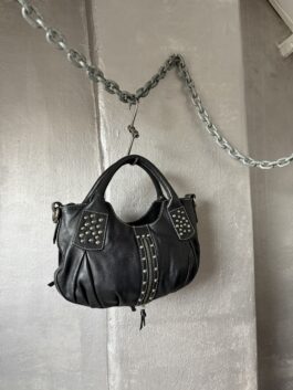 Vintage real leather handbag with silver hardware black