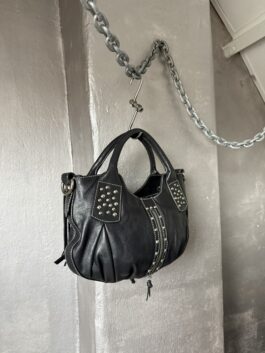 Vintage real leather handbag with silver hardware black