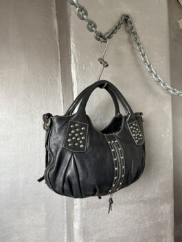 Vintage real leather handbag with silver hardware black