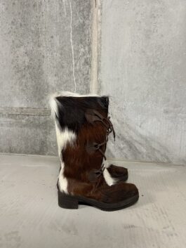 Vintage genuine leather cowhide boots brown white