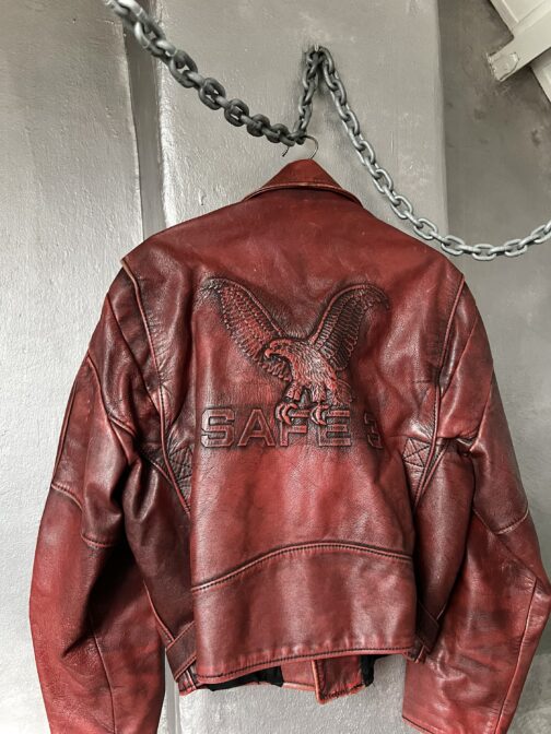 Vintage oversized real leather biker jacket washed wine red - Image 14