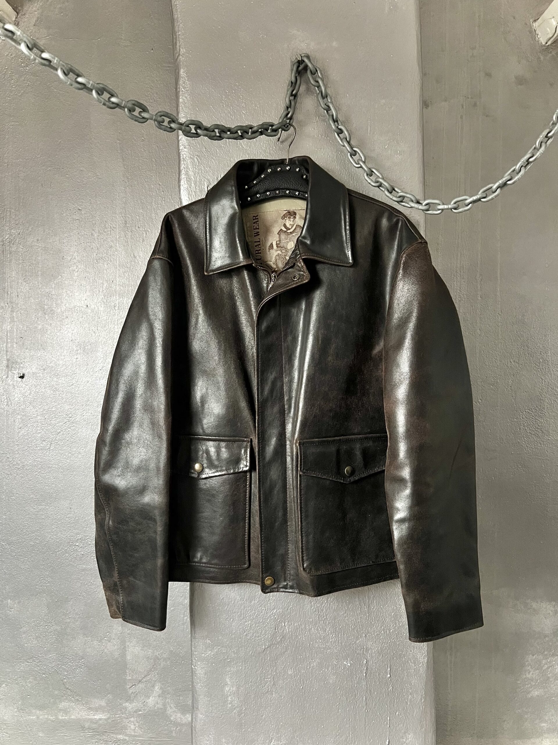 Vintage oversized real leather flying jacket washed dark brown