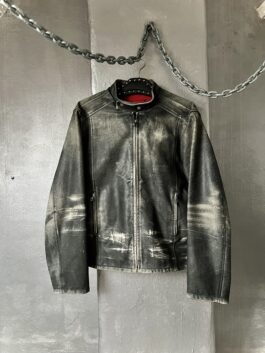 Vintage oversized real leather racing motor jacket washed grey