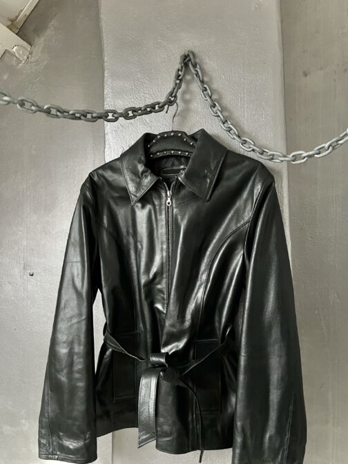 Vintage real leather belted racing jacket black - Image 4
