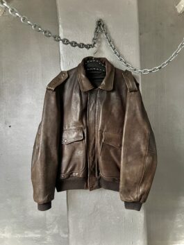 Vintage oversized real leather bomber jacket washed brown