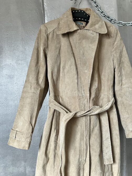 Vintage real leather suede trenchcoat jacket beige - Image 7