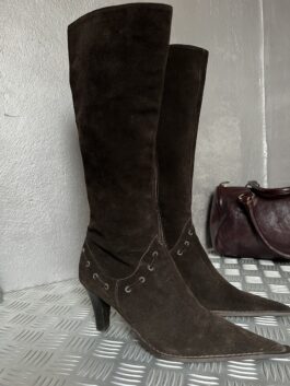 Vintage genuine leather suede heeled boots dark brown