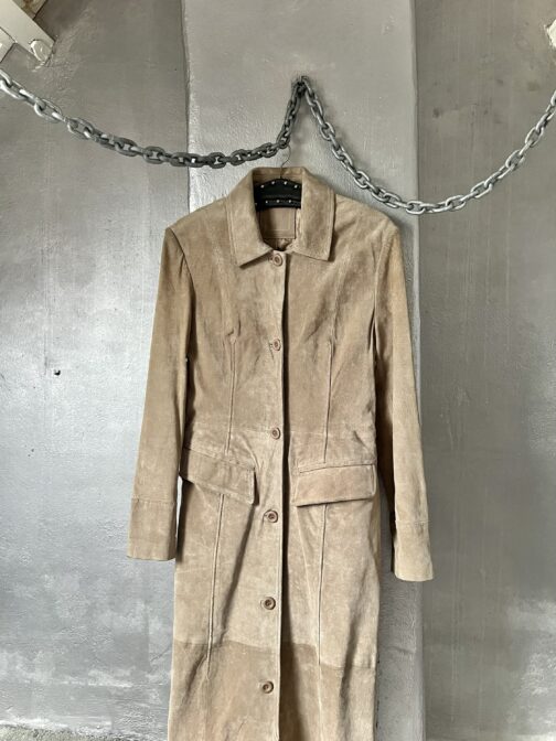 Vintage real leather suede long trenchcoat jacket beige - Image 5