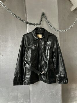 Vintage real leather belted racing jacket black