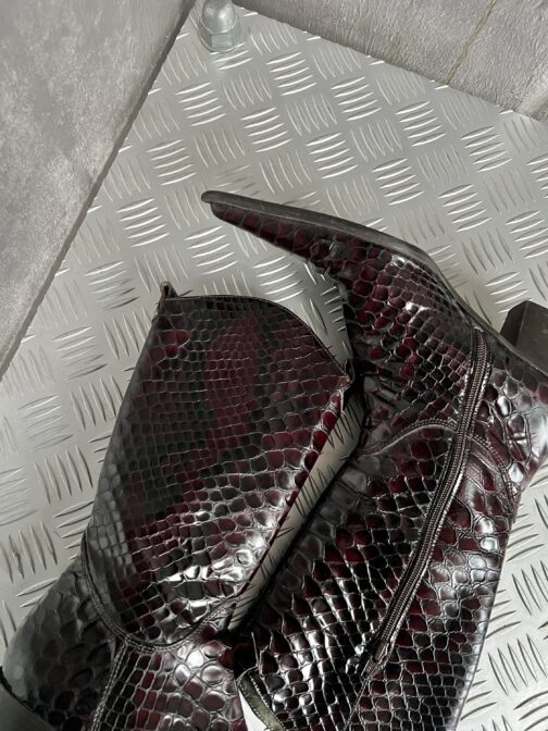 Vintage genuine leather heeled boots with snakeskin wine red - Image 5