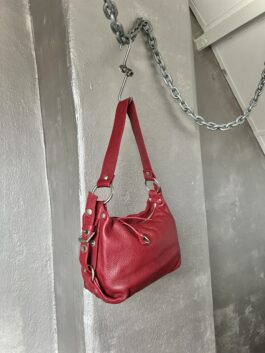 Vintage real leather shoulderbag with silver hardware red