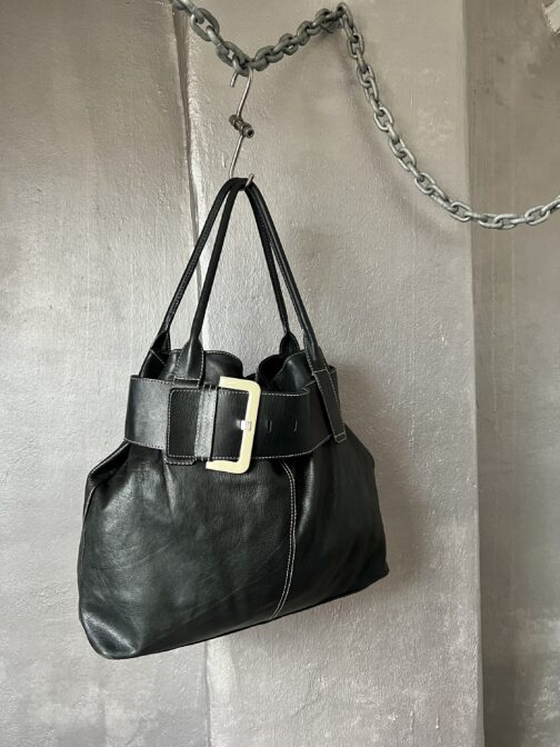 Vintage real leather shoulderbag with buckle strap black - Image 2
