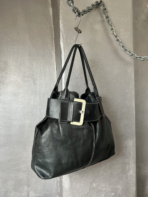 Vintage real leather shoulderbag with buckle strap black - Image 3