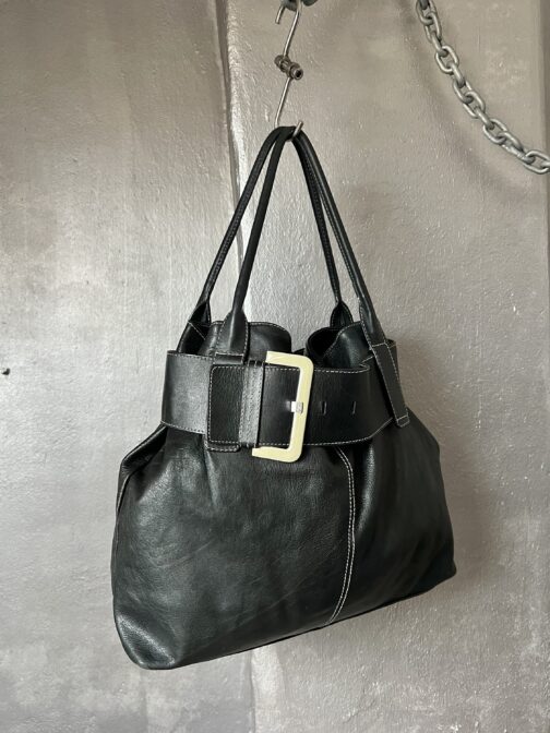 Vintage real leather shoulderbag with buckle strap black - Image 7